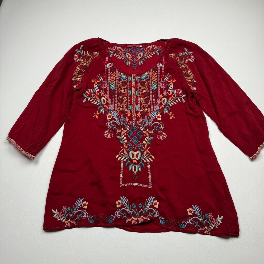 Johnny Was Top Sz M Boho Floral Embroidered Tunic Top Berry Red Cupra Rayon